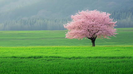 A lone sakura tree in full bloom standing in the middle of a lush green field, creating a striking contrast.