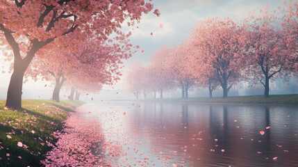 Fototapeta premium A row of sakura trees along a riverbank, with petals gently falling into the water and floating downstream.