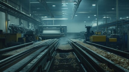 A dimly lit industrial facility with conveyor belts transporting materials.