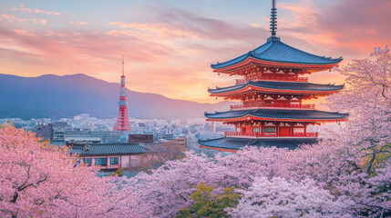 Obraz premium A sakura tree in full bloom framed by traditional Japanese architecture, capturing the essence of spring in Japan.