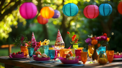 Fototapeta premium Colorful Outdoor Party Table Setting with Lanterns - Illustration