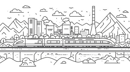 Obraz premium High Speed Train Speeding Through a Modernistic Urban Landscape with Power Plant