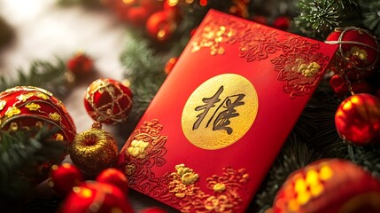 Luxurious Red Chinese New Year Envelope with Elegant Gold Calligraphy and Festive