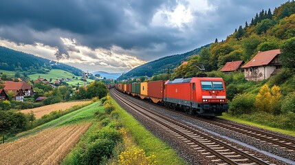 Naklejka premium A red freight train travels through a valley with a small village and forest in the background, under a cloudy sky.