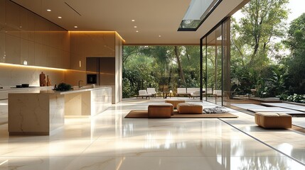 Modern interior with open space and lush greenery outside.