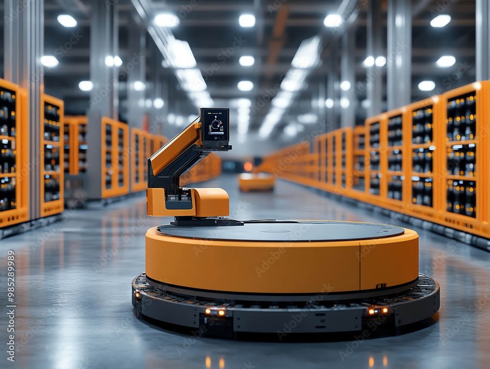 Poster a robotic arm on a round automated guided vehicle (agv) in a warehouse or distribution center