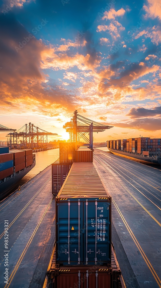 Poster a row of shipping containers in a port at sunset.