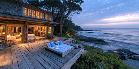 A rustic cabin with a wooden deck overlooking the ocean at sunset.