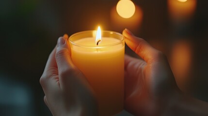 Close-up of hands holding a lit candle, glowing with warmth and hope.