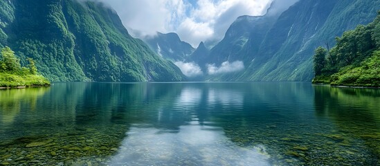 Tranquil Fjord with Towering Cliffs and Mirrored Mountain Reflections in Serene Landscape