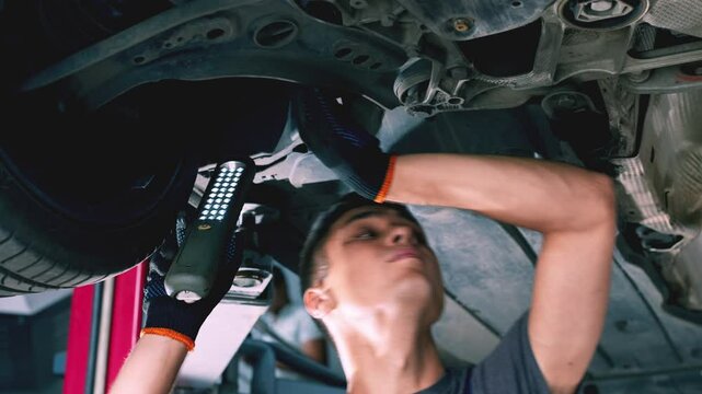 Professional auto mechanic examining car suspension system with flashlight, making maintenance service for vehicle, slow motion