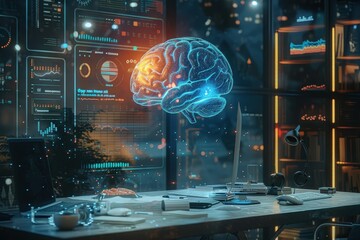 A computer monitor shows a brain with a glowing red spot on it