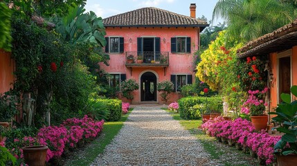 Charming pink house surrounded by vibrant gardens and flowers.