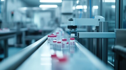 Fototapeta premium Automated production line with vials in a pharmaceutical manufacturing facility.