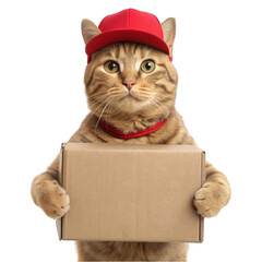 delivery post cat wearing red cap holding cardboard