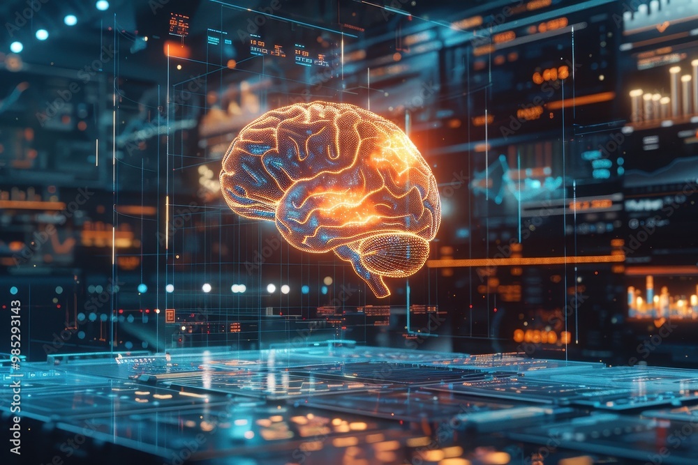 Poster a brain is shown in a computer monitor with a glowing orange center
