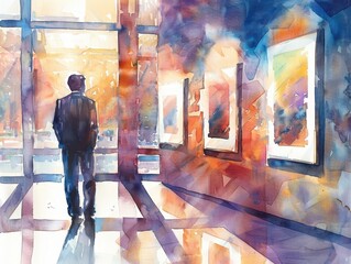 Watercolor painting of a man wearing a suit looking at various paintings in a painting exhibition.