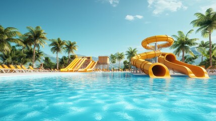 Obraz premium Colorful water slides beside a serene pool, surrounded by palm trees.