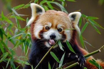 Obraz premium Red panda eats bamboo, sticks out tongue, adorable, cute, furry, brown, wild, animal, nature, outdoors, grass, blue sky, natural habitat, traditional, iconic, close-up, summer, day, sunlight, warm,