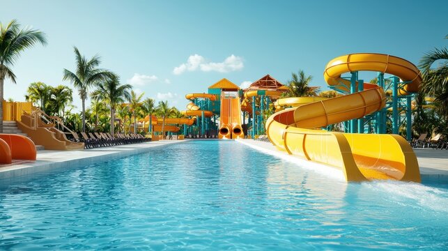 Colorful water slides beside a clear blue pool under a sunny sky.