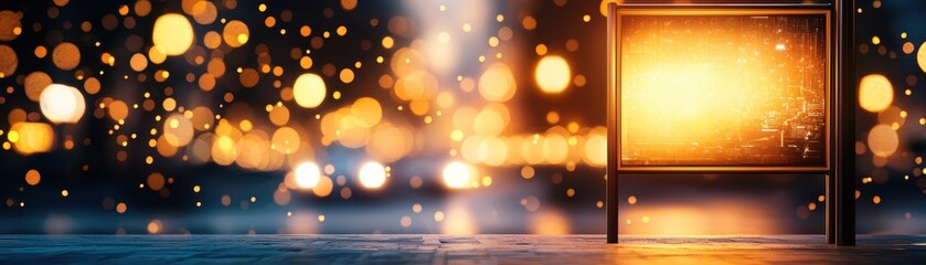 Illuminated frame with warm light on a blurred bokeh background.