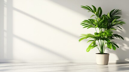 Indoor plant in a pot casting shadows on a white wall background.