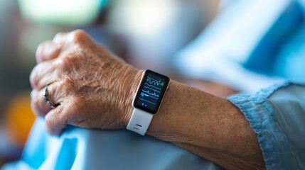 Senior Woman Wearing Smartwatch with Heart Rate Monitor