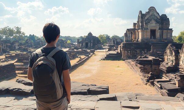 A Traveler Gazing at the Ruins of Phanom Rung Historical Park
