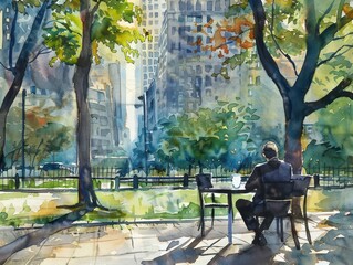 Watercolor painting of a businessman relaxing in a park.