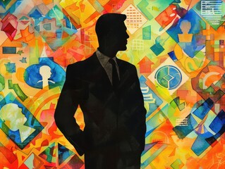 Watercolor painting of a silhouette of a handsome young man wearing a suit on a color icon background.