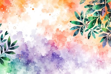 A beautiful watercolor design featuring green leaves against a soft gradient background of orange, purple, and pink, creating a peaceful and artistic nature scene.