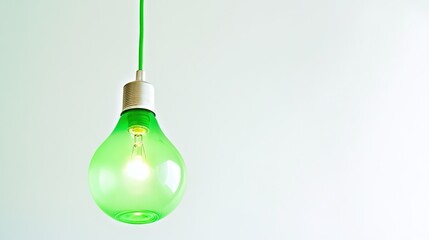 Minimalistic green color lamp on a white background, showcasing a clean and modern design. The lamp features a sleek, cylindrical shape with smooth, glossy surfaces, casting a soft, ambient light, 