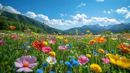 Vibrant spring landscape colorful flowers blooming across green meadows under a clear blue sky perfect for nature or renewalthemed designs