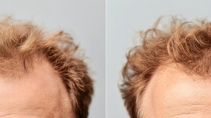 Split-screen image of a patient's hairline before and after a hair transplant procedure, emphasizing natural-looking results, Photorealistic, Bright Lighting