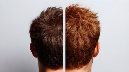 Split-screen images of two hair loss treatments, highlighting different regrowth patterns and effectiveness in a blog post, Photorealistic, Neutral Background