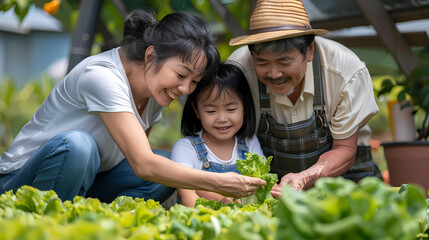 Several Asian farmers working together in a hydroponics system on a vegetable farm. In a greenhouse garden, grandparents teach their grandchildren how to grow and care for organic lettuce vegetables.