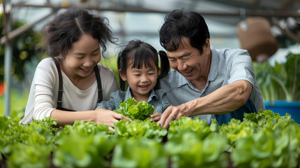 Several Asian farmers working together in a hydroponics system on a vegetable farm. In a greenhouse garden, grandparents teach their grandchildren how to grow and care for organic lettuce vegetables.