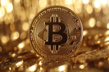 Bitcoin gold coin prominently displayed on growth graph background. 