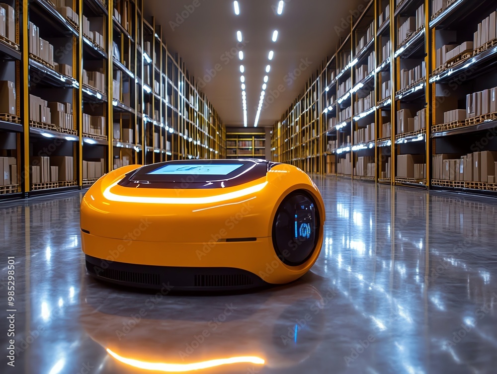 Aufkleber a yellow autonomous robot moves through a warehouse with shelves stocked with cardboard boxes.