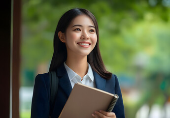 Fototapeta premium A happy, smiling young asia-american woman, a student with books in hand, stands near the university