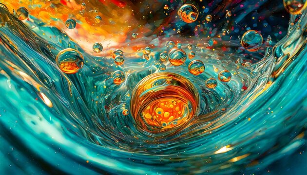 Swirling bubbles implode in a transparent blue liquid, creating a mesmerizing dance of motion and light, as cavitation ripples send delicate shockwaves through the serene fluid.