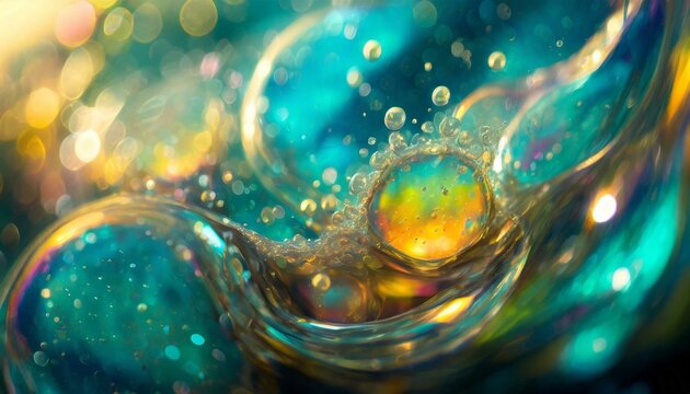 Swirling bubbles implode in a transparent blue liquid, creating a mesmerizing dance of motion and light, as cavitation ripples send delicate shockwaves through the serene fluid.
