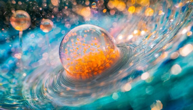 Swirling bubbles implode in a transparent blue liquid, creating a mesmerizing dance of motion and light, as cavitation ripples send delicate shockwaves through the serene fluid.