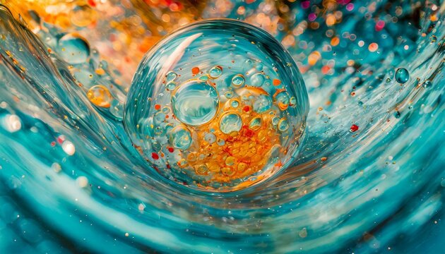 Swirling bubbles implode in a transparent blue liquid, creating a mesmerizing dance of motion and light, as cavitation ripples send delicate shockwaves through the serene fluid.