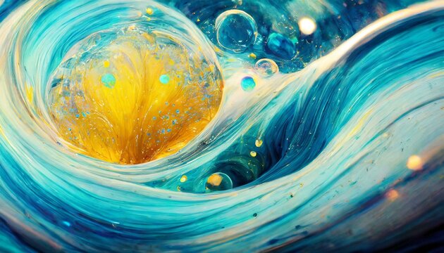 Swirling bubbles implode in a transparent blue liquid, creating a mesmerizing dance of motion and light, as cavitation ripples send delicate shockwaves through the serene fluid.