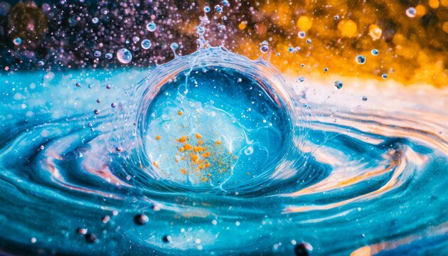 Swirling bubbles implode in a transparent blue liquid, creating a mesmerizing dance of motion and light, as cavitation ripples send delicate shockwaves through the serene fluid.