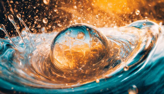 Swirling bubbles implode in a transparent blue liquid, creating a mesmerizing dance of motion and light, as cavitation ripples send delicate shockwaves through the serene fluid.