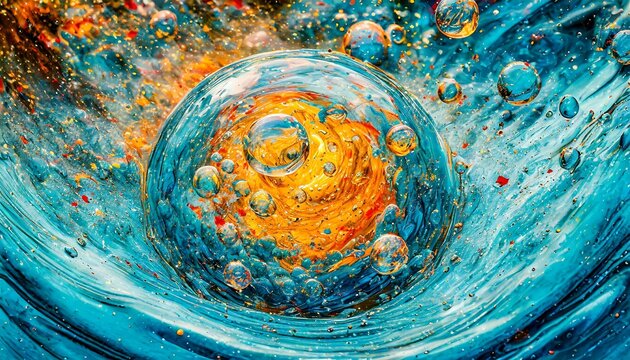 Swirling bubbles implode in a transparent blue liquid, creating a mesmerizing dance of motion and light, as cavitation ripples send delicate shockwaves through the serene fluid.