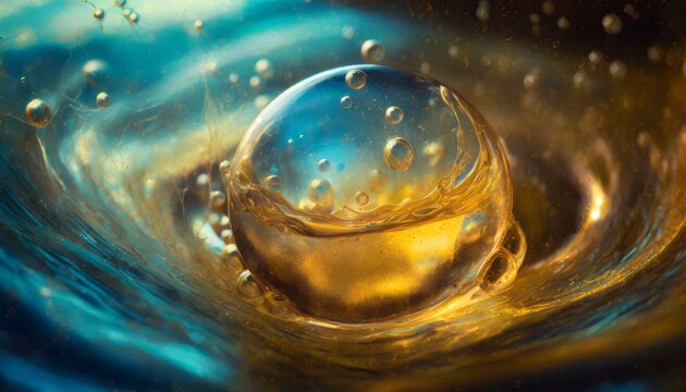 Swirling bubbles implode in a transparent blue liquid, creating a mesmerizing dance of motion and light, as cavitation ripples send delicate shockwaves through the serene fluid.
