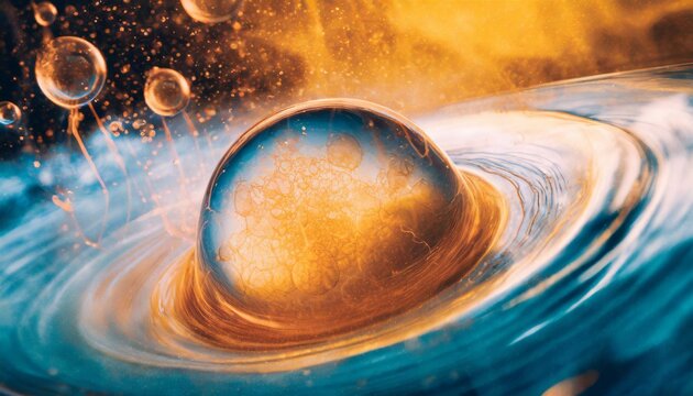 Swirling bubbles implode in a transparent blue liquid, creating a mesmerizing dance of motion and light, as cavitation ripples send delicate shockwaves through the serene fluid.